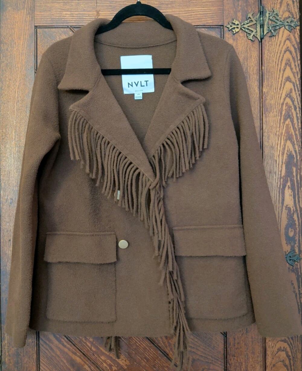 Anthropologie NVLT Knit Fringe Blazer Coatigan Brown Sz L Coat Cardigan $148
